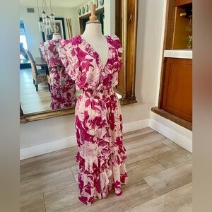 MISA Kidada Dress Fuchsia Floral Ruffle Maxi Dress Sz Large NWT